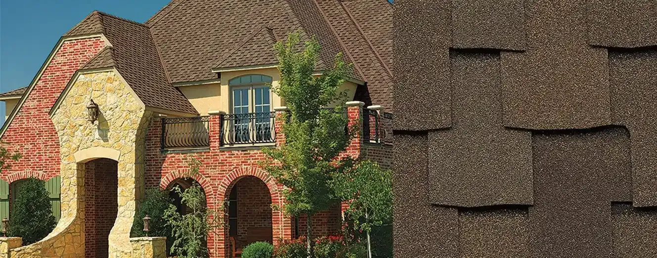 Grand Sequoia AS shingles in Adobe Sunset, on a house and up close