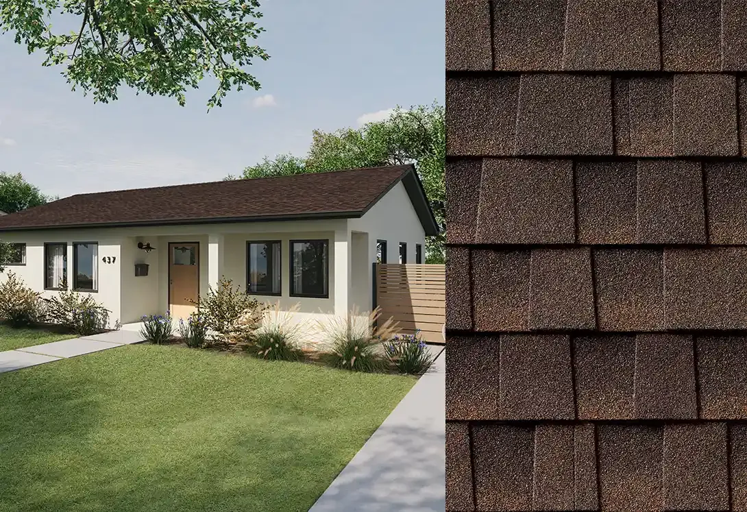 Timberline HDZ RS shingles in Aged Chestnut, on a house and up close