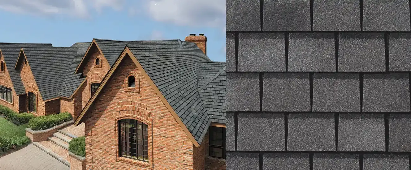 Slateline shingles in Antique Slate, on a house and up close