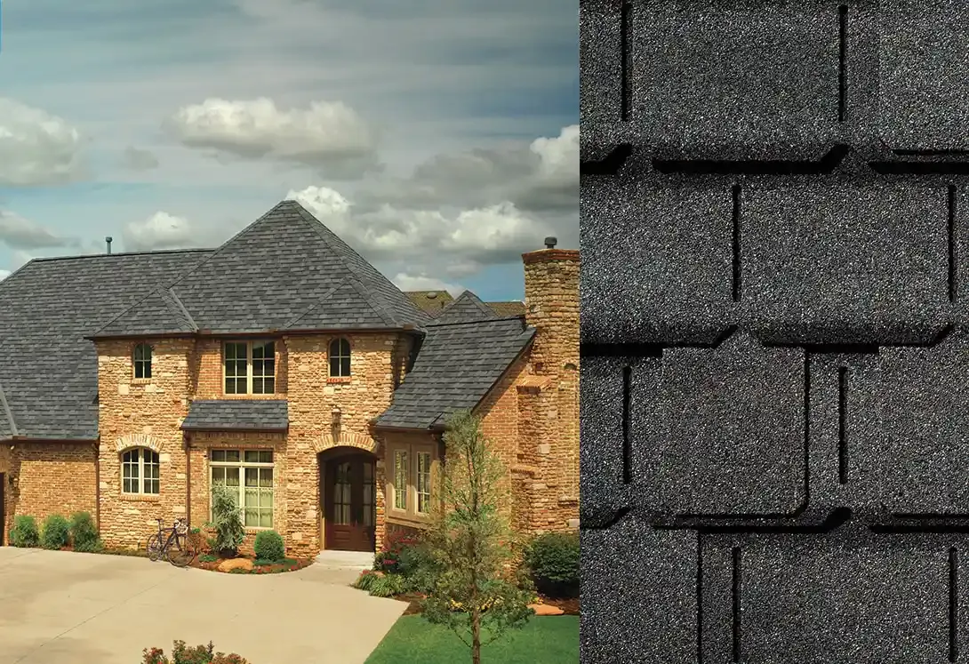 Camelot II shingles in Antique Slate, on a house and up close