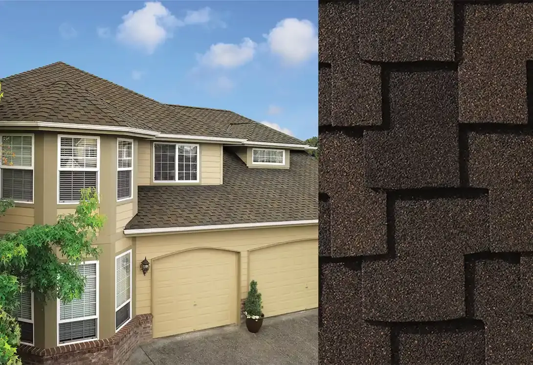 Grand Sequoia shingles in Autumn Brown, on a house and up close