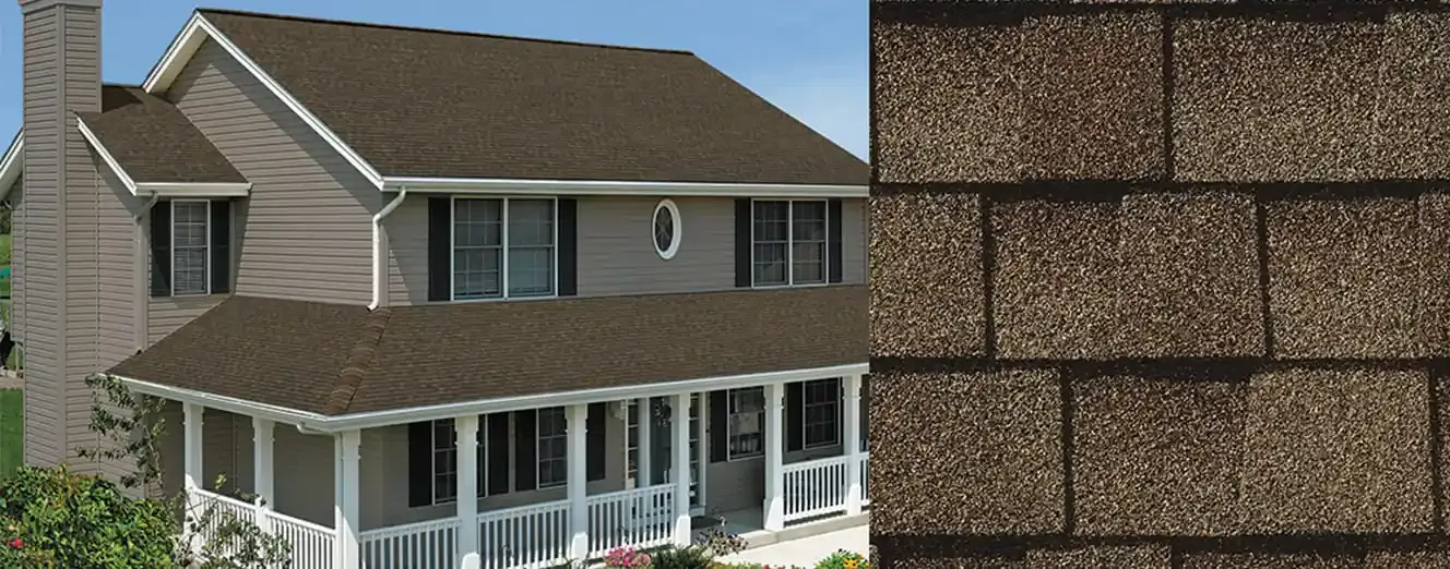 Timberline NS shingles in Barkwood, on a house and up close