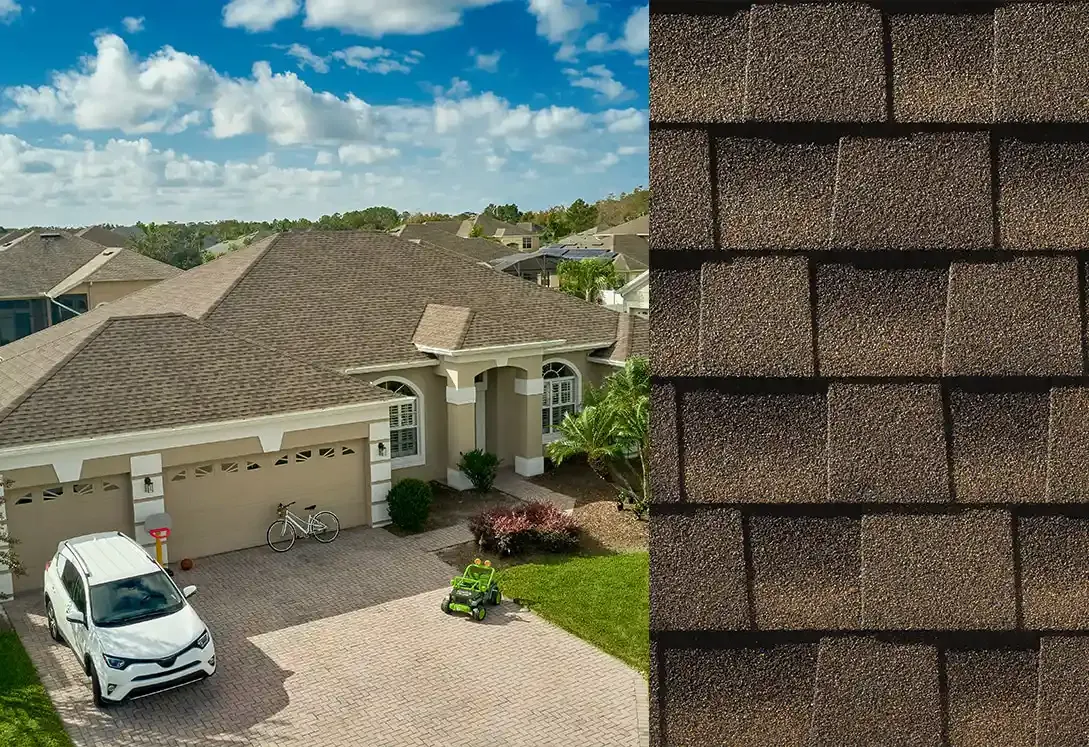 Timberline HDZ shingles in Barkwood, on a house and up close