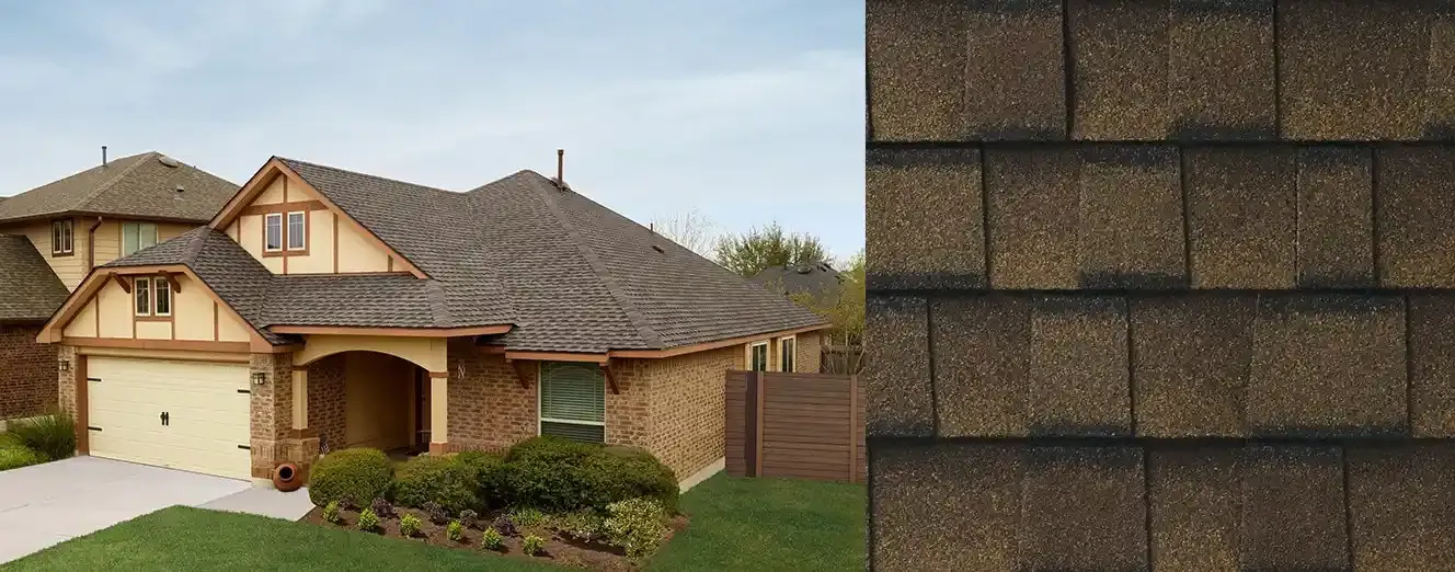Timberline UHDZ shingles in Barkwood, on a house and up close
