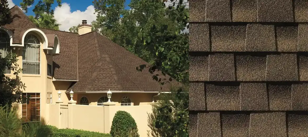 Timberline AS II shingles in Barkwood, on a house and up close