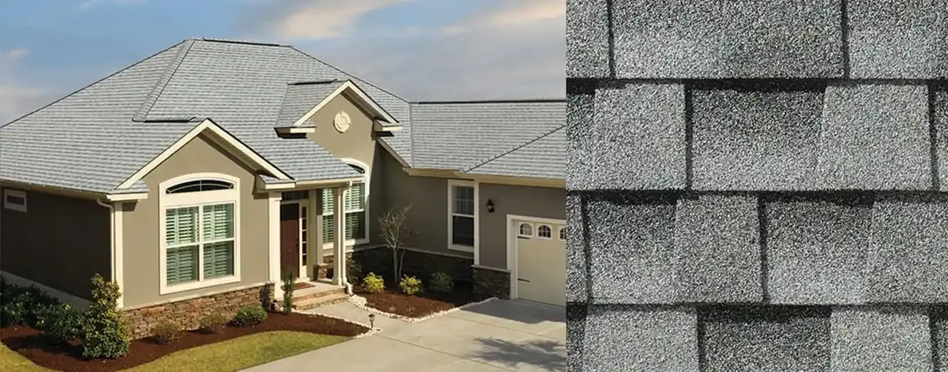 Timberline HDZ shingles in Birchwood, on a house and up close