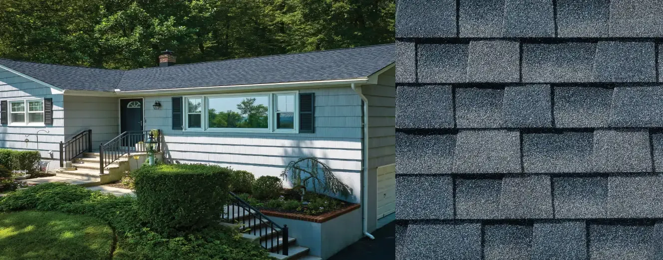 Timberline HDZ shingles in Biscayne Blue, on a house and up close