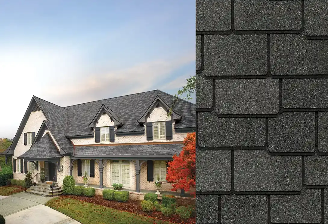 Woodland shingles in Castlewood Gray, on a house and up close