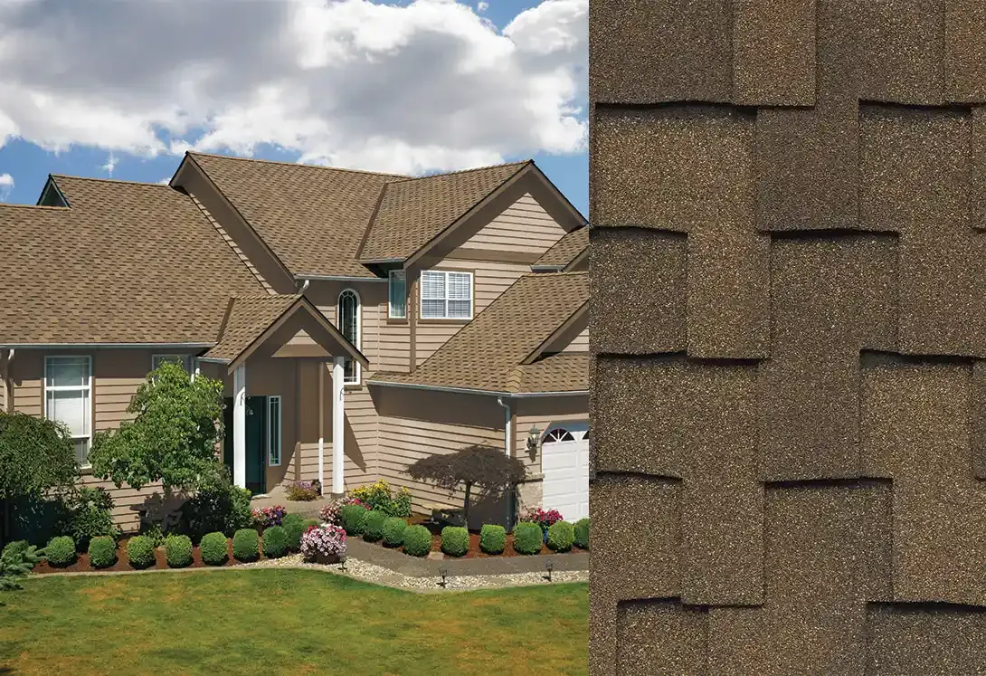 Grand Sequoia shingles in Cedar, on a house and up close