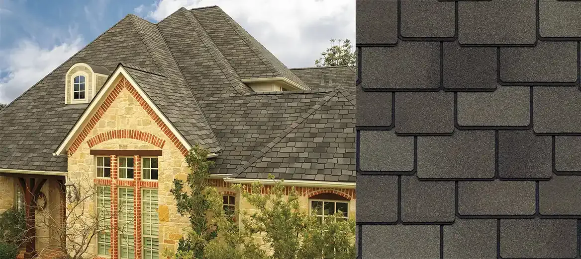 Woodland shingles in Cedarwood Abbey, on a house and up close