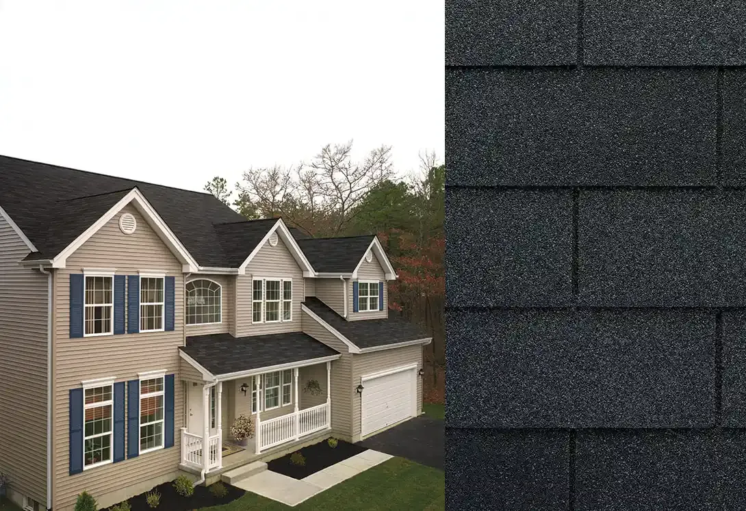 Royal Sovereign shingles in Charcoal, on a house and up close