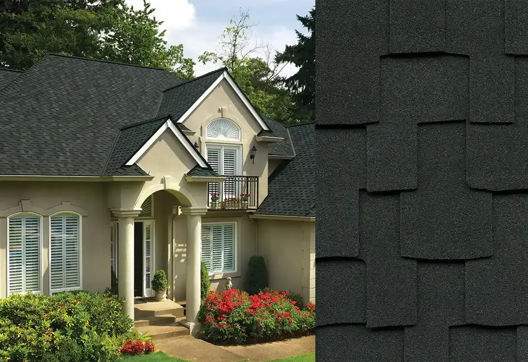 Grand Sequoia shingles in Charcoal, on a house and up close