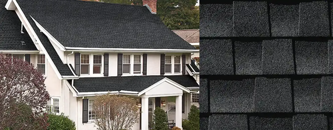 Timberline HDZ shingles in Charcoal, on a house and up close