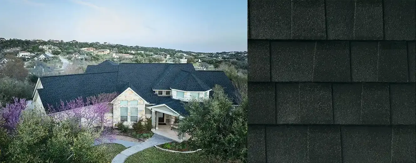 Timberline UHDZ shingles in Charcoal, on a house and up close