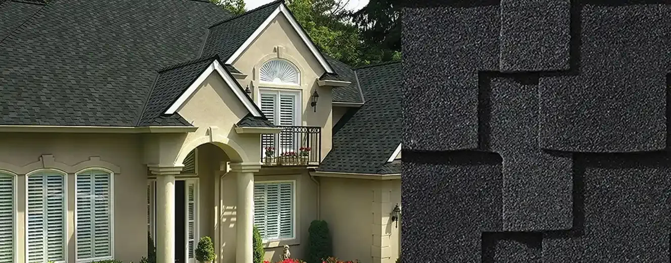 Grand Sequoia AS shingles in Charcoal, on a house and up close