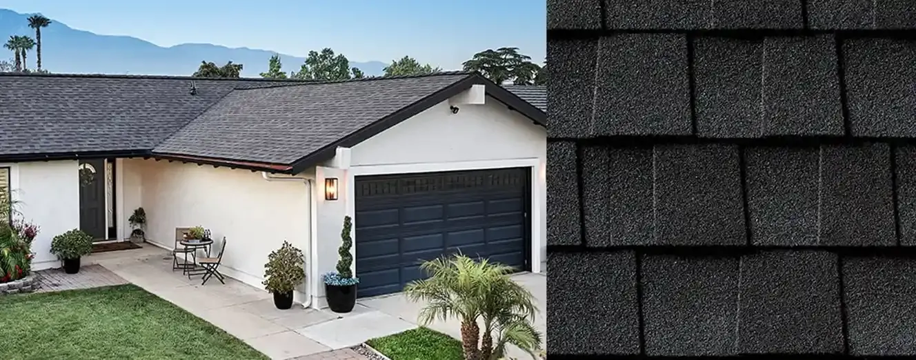 Timberline HDZ RS shingles in Charcoal, on a house and up close