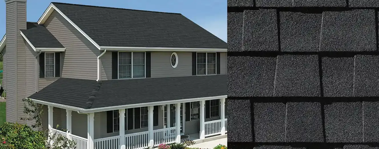 Timberline NS shingles in Charcoal, on a house and up close