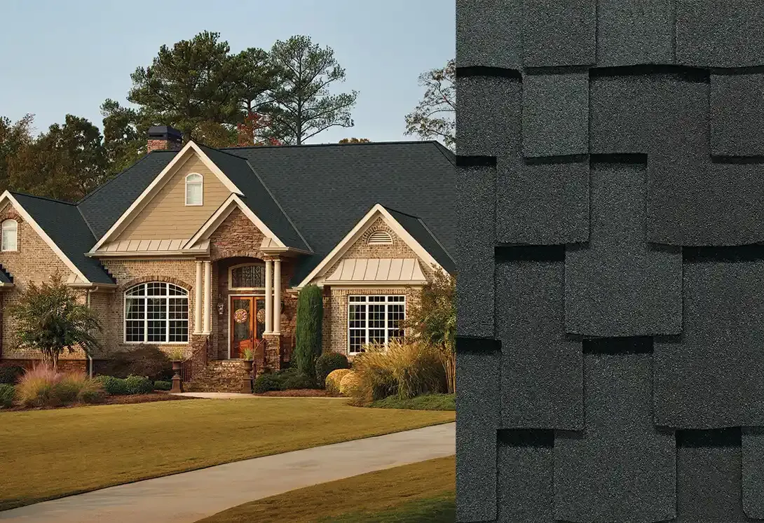 Grand Sequoia RS shingles in Charcoal, on a house and up close