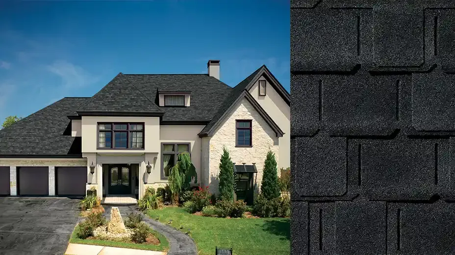 Camelot II shingles in Charcoal, on a house and up close