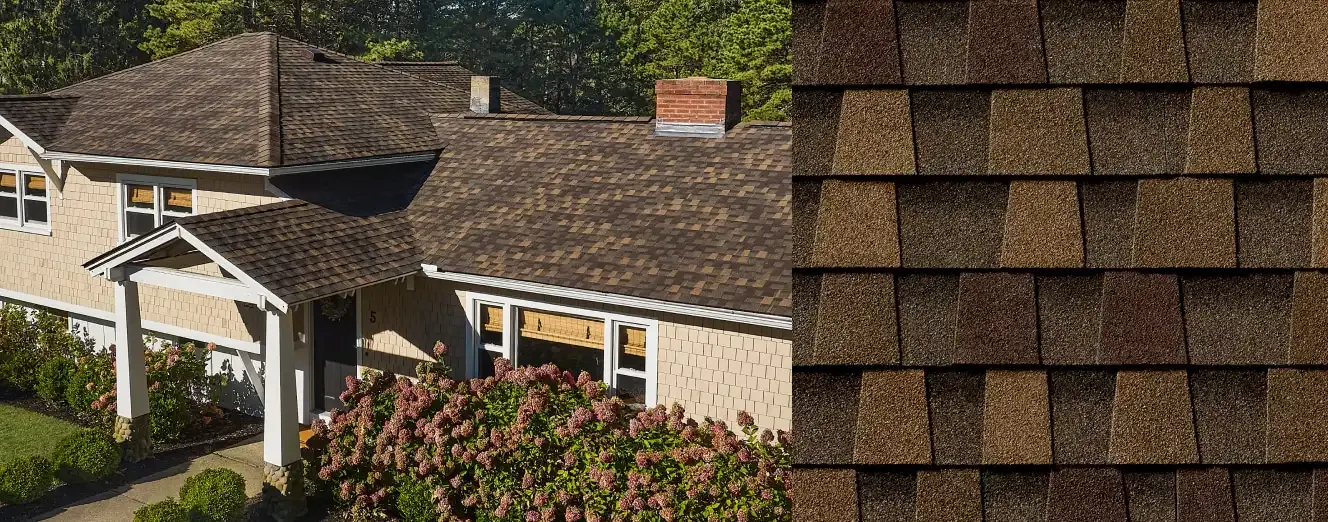 Timberline HDZ shingles in Chestnut Valley, on a house and up close
