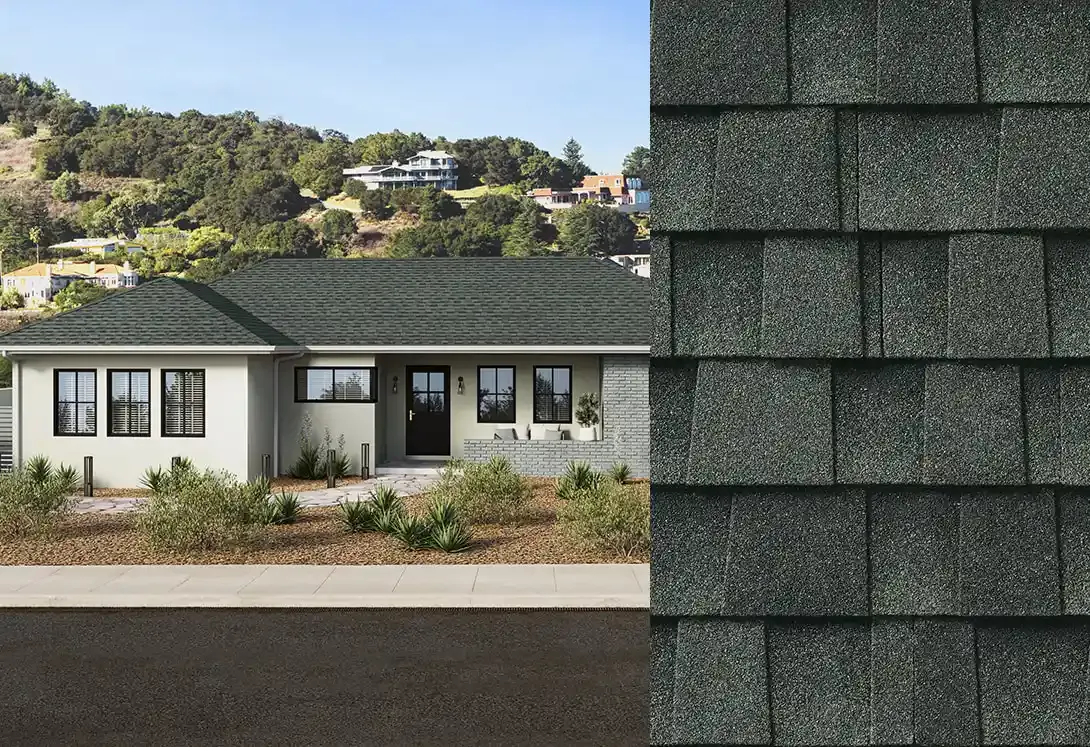 Timberline HDZ RS shingles in Coastal Slate, on a house and up close