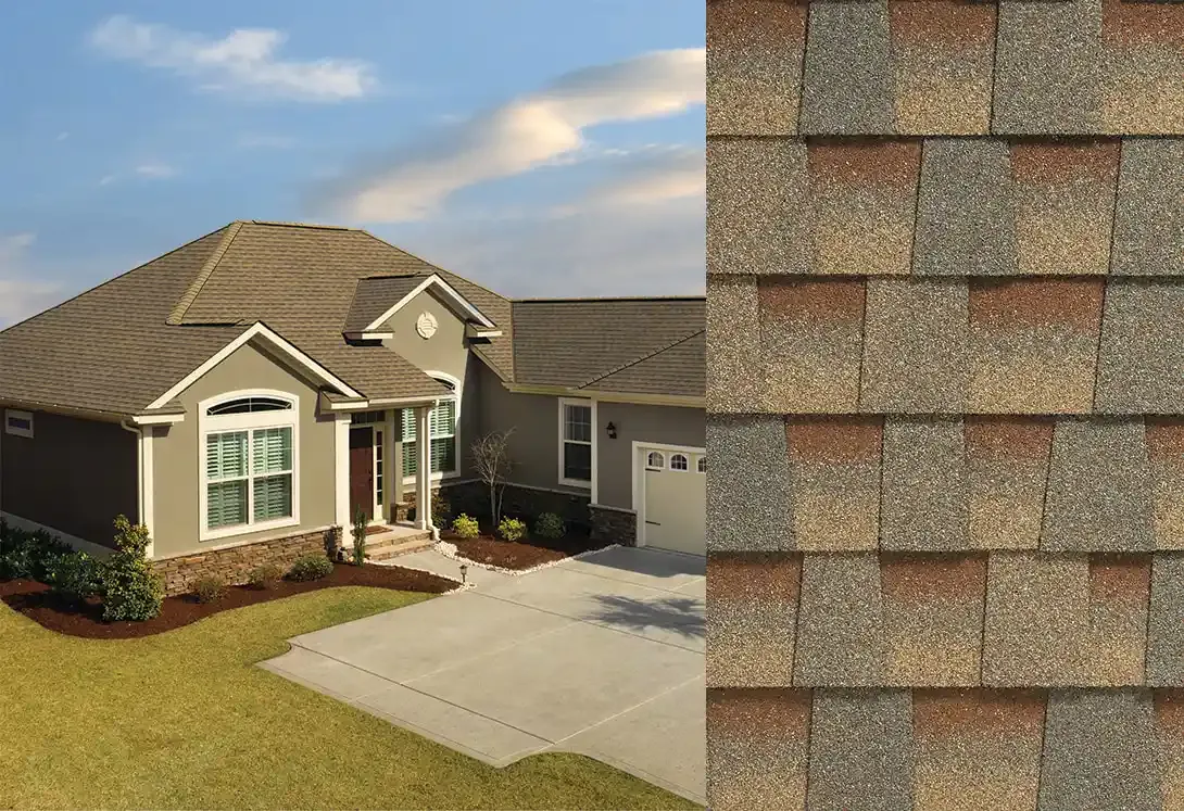 Timberline HDZ shingles in Copper Canyon, on a house and up close