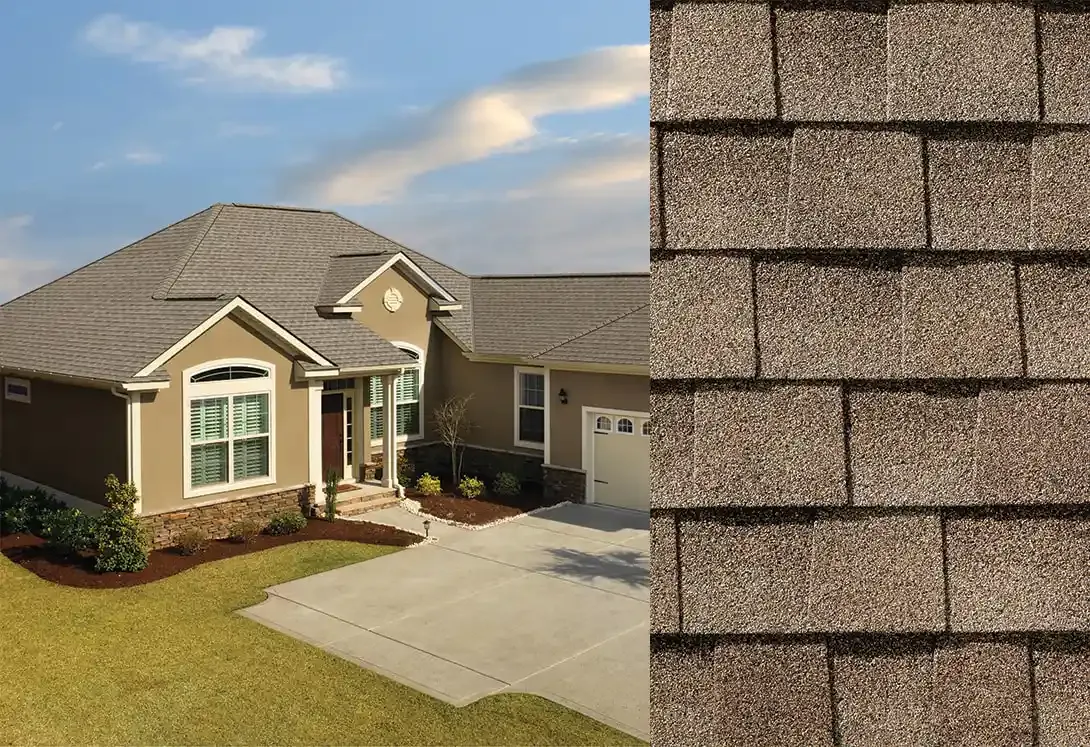 Timberline HDZ shingles in Driftwood, on a house and up close