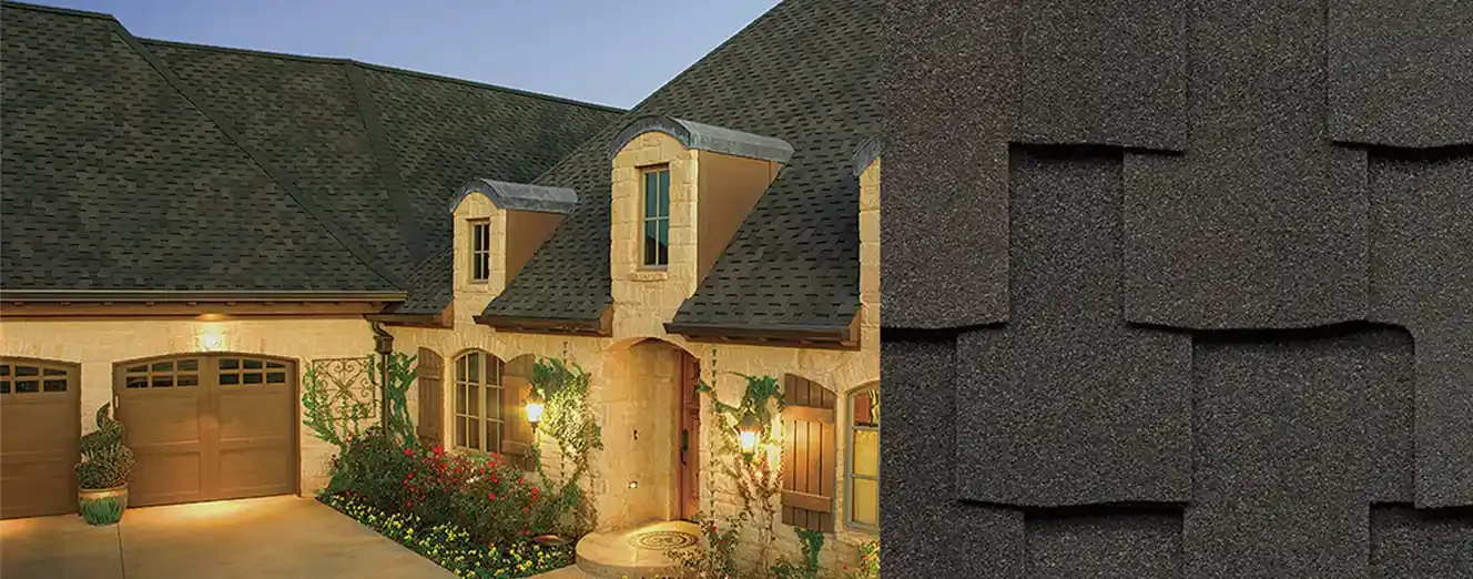 Grand Sequoia AS shingles in Dusky Gray, on a house and up close