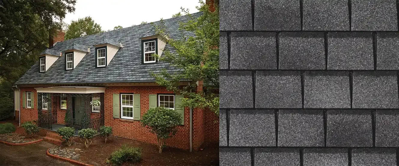 Slateline shingles in English Gray, on a house and up close