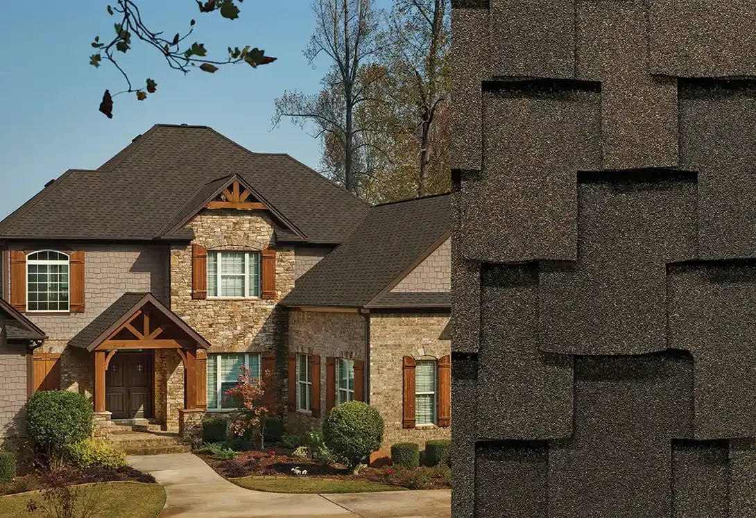 Grand Sequoia RS shingles in Forest Brown, on a house and up close