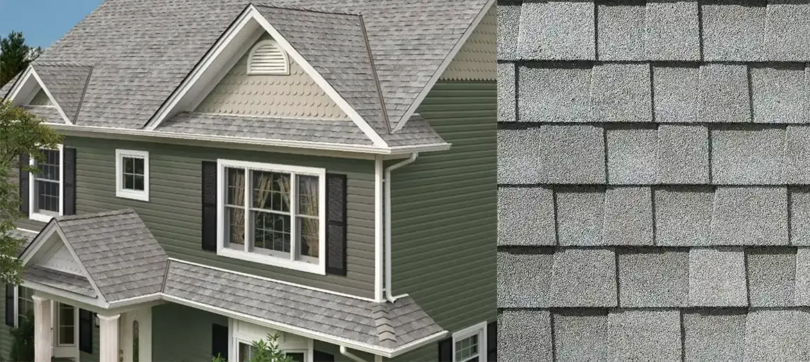 Timberline HDZ shingles in Fox Hollow Gray, on a house and up close