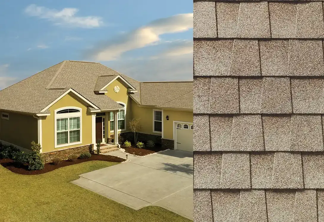 Timberline HDZ shingles in Golden Amber, on a house and up close