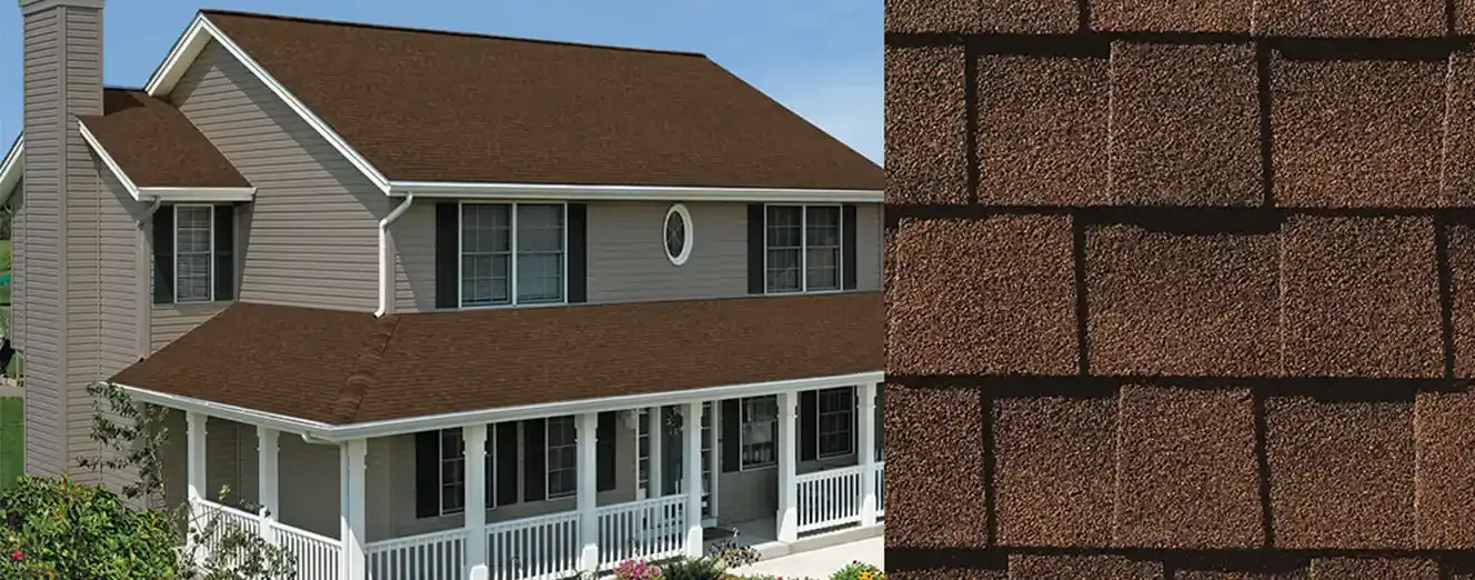 Timberline NS shingles in Hickory, on a house and up close
