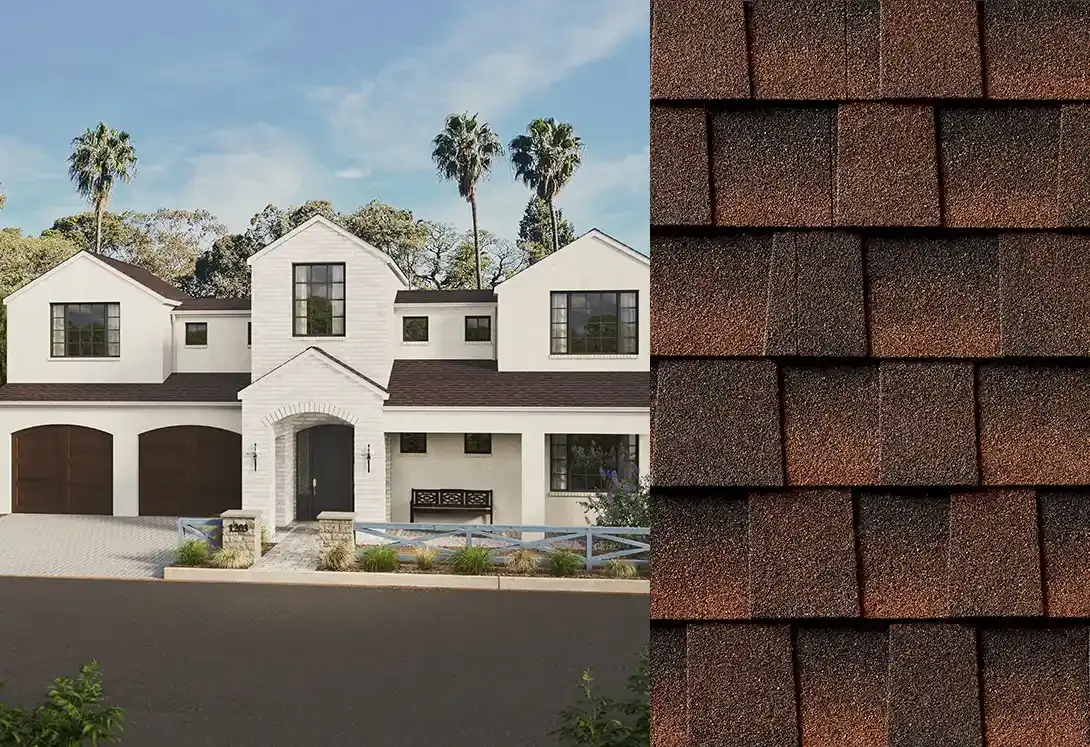 Timberline HDZ RS shingles in Hickory, on a house and up close