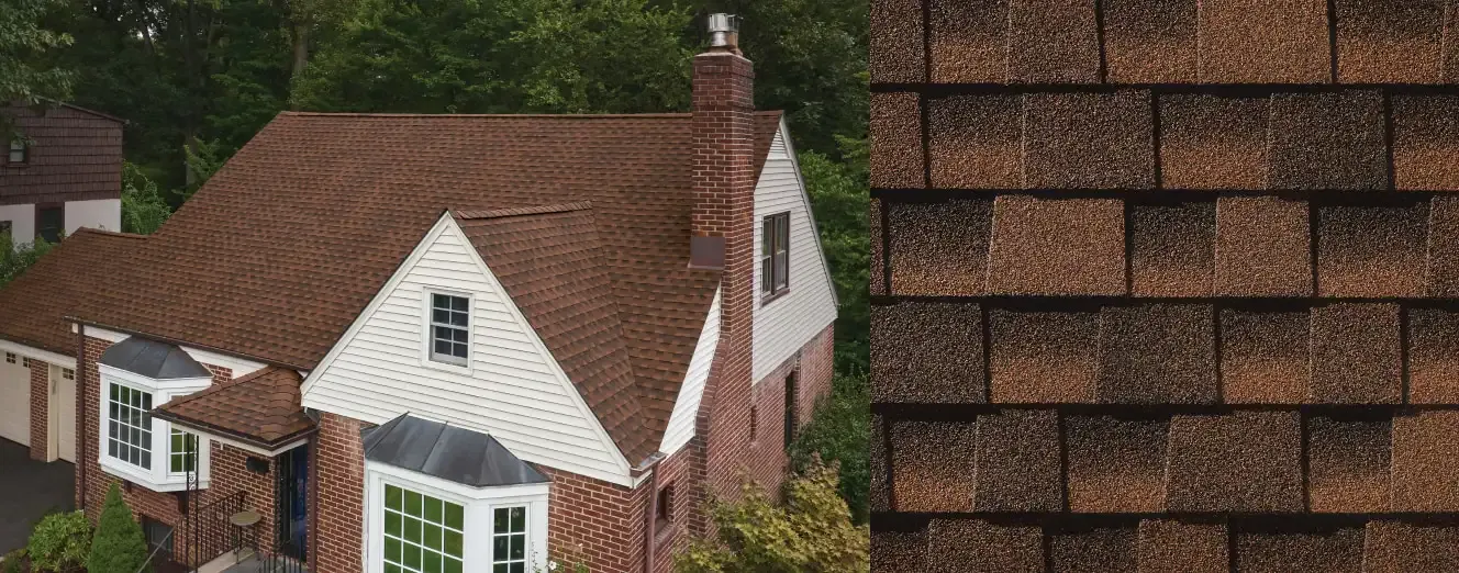 Timberline HDZ shingles in Hickory, on a house and up close