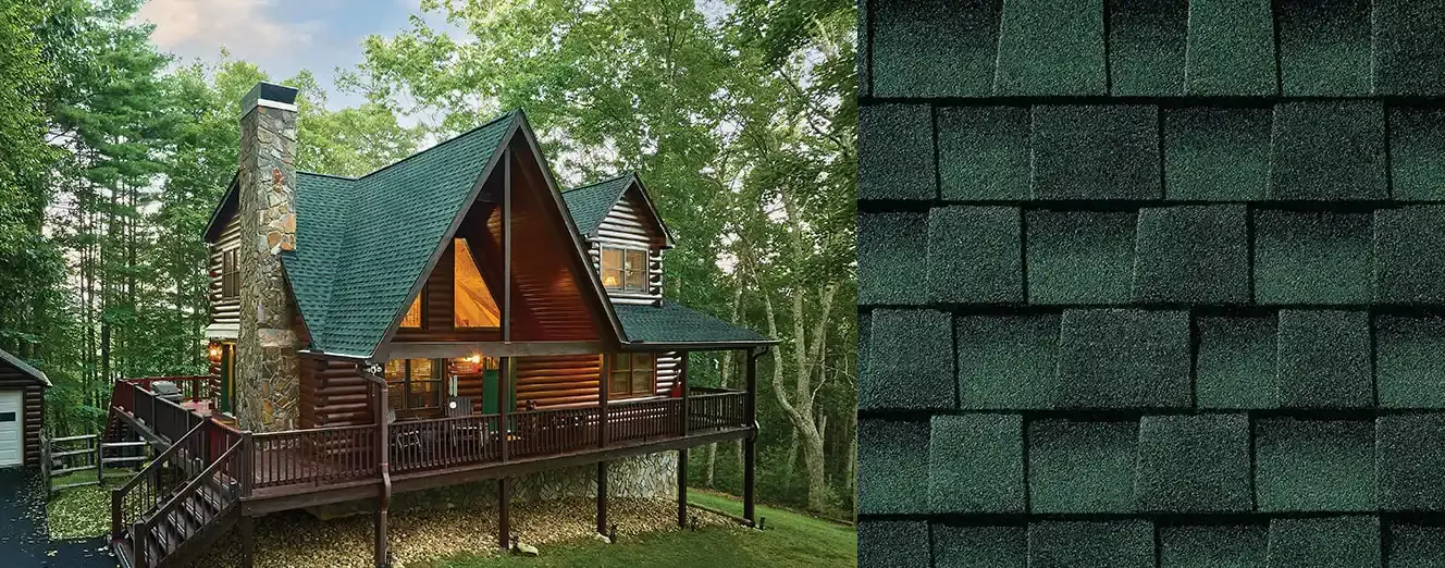 Timberline HDZ shingles in Hunter Green, on a house and up close