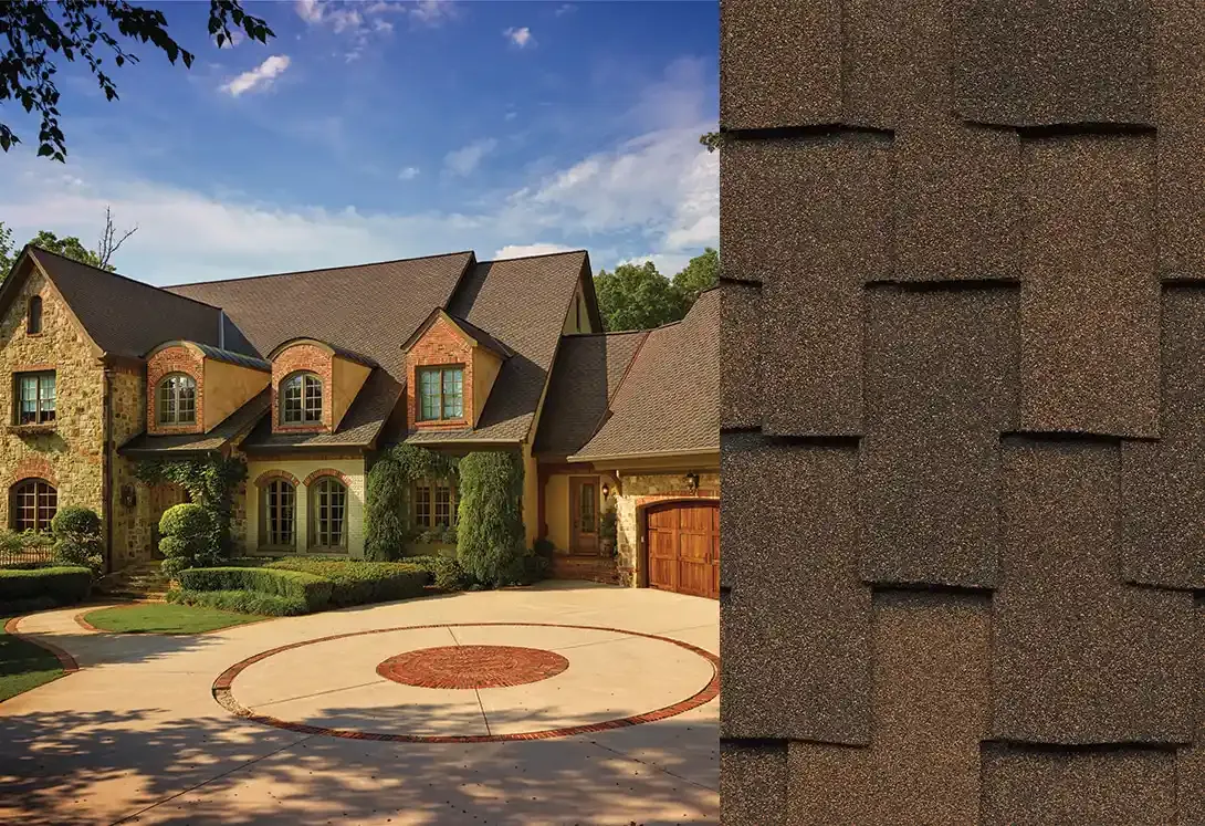 Grand Sequoia shingles in Mesa Brown, on a house and up close