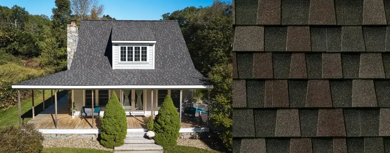 Timberline HDZ shingles in Midnight Mesa, on a house and up close