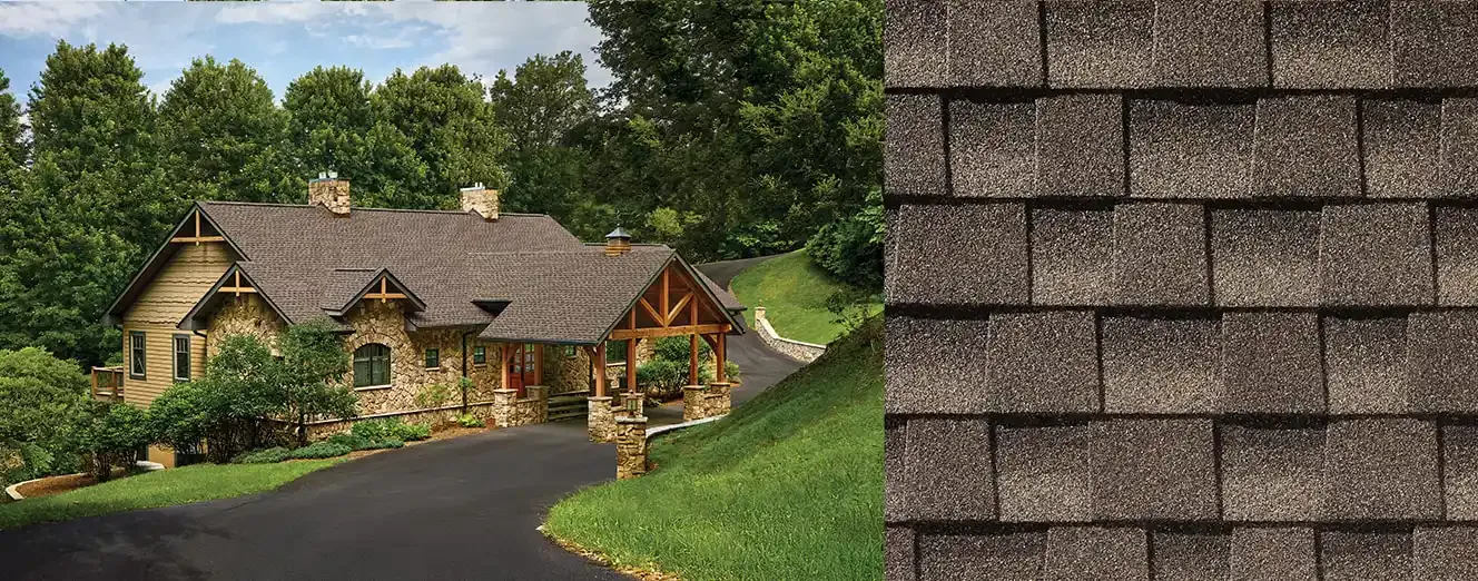 Timberline HDZ shingles in Mission Brown, on a house and up close
