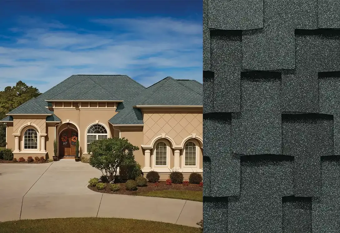 Grand Sequoia RS shingles in Ocean Gray, on a house and up close