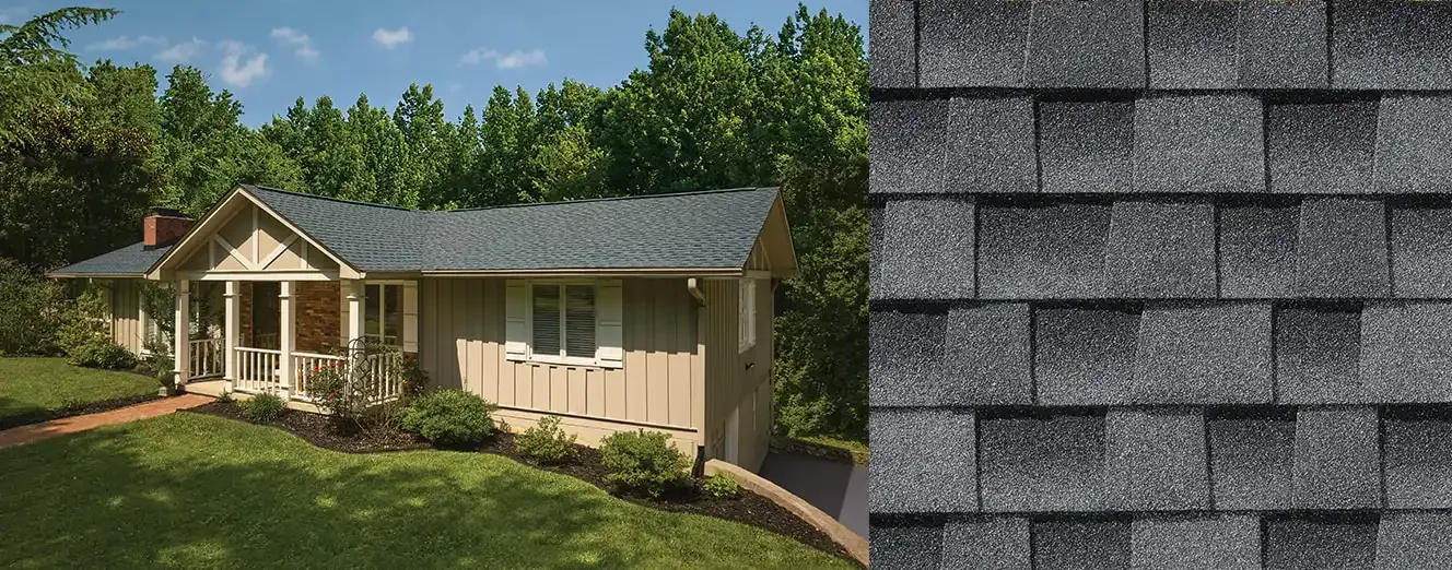 Timberline HDZ shingles in Oyster Gray, on a house and up close