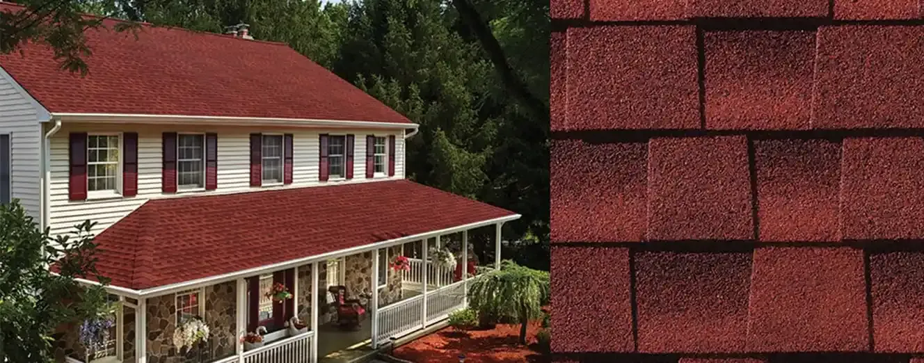 Timberline HDZ shingles in Patriot Red, on a house and up close