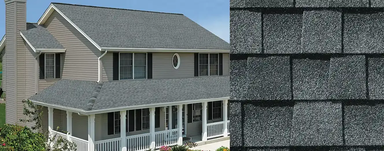 Timberline NS shingles in Pewter Gray, on a house and up close