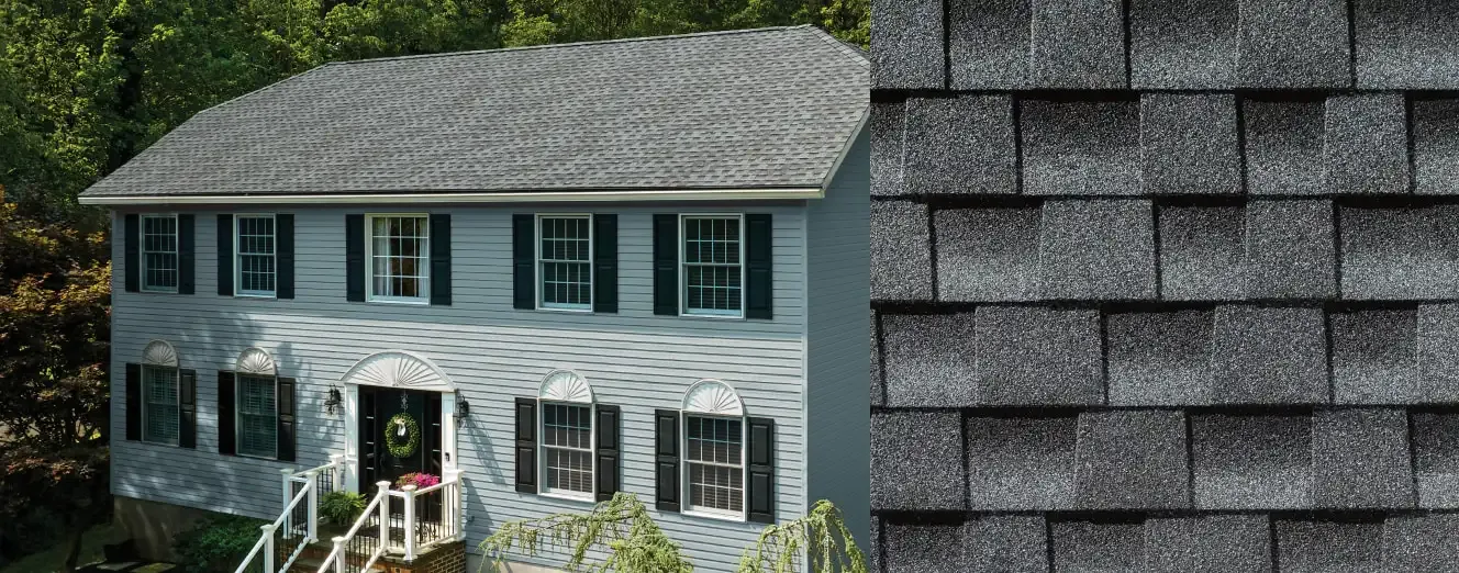 Timberline HDZ shingles in Pewter Gray, on a house and up close
