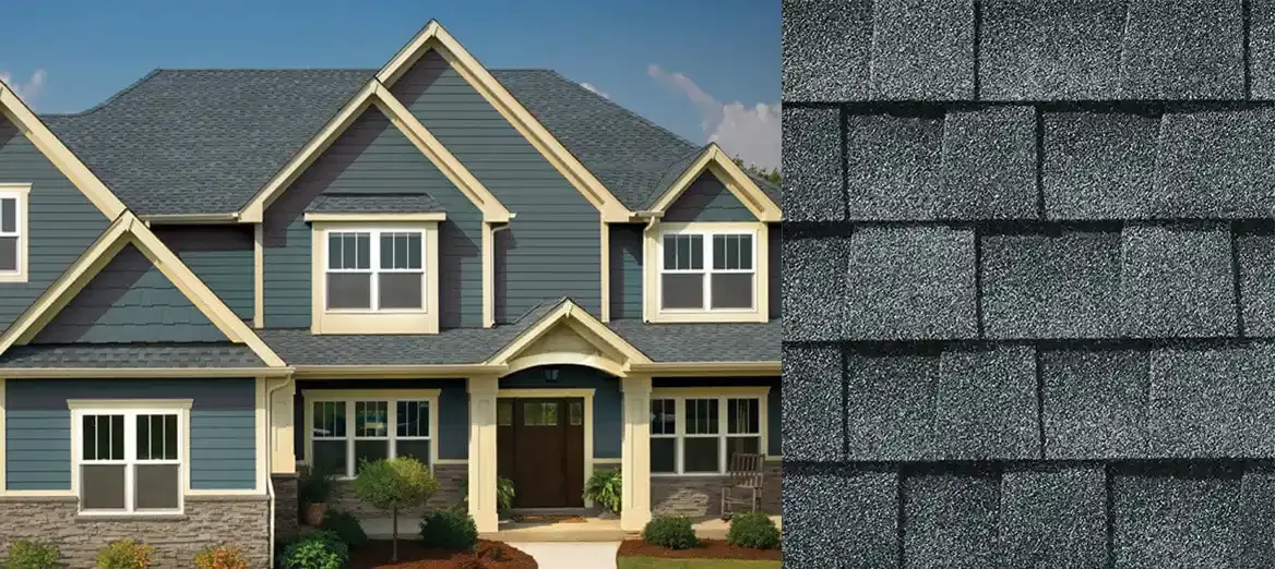 Timberline AS II shingles in Pewter Gray, on a house and up close
