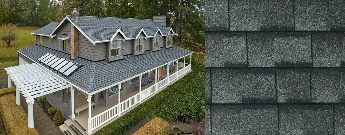 Timberline UHDZ shingles in Pewter Gray, on a house and up close