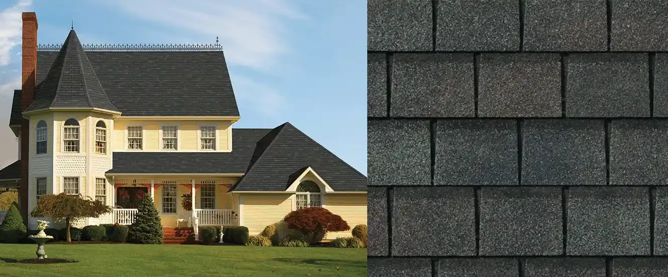 Slateline shingles in Royal Slate, on a house and up close