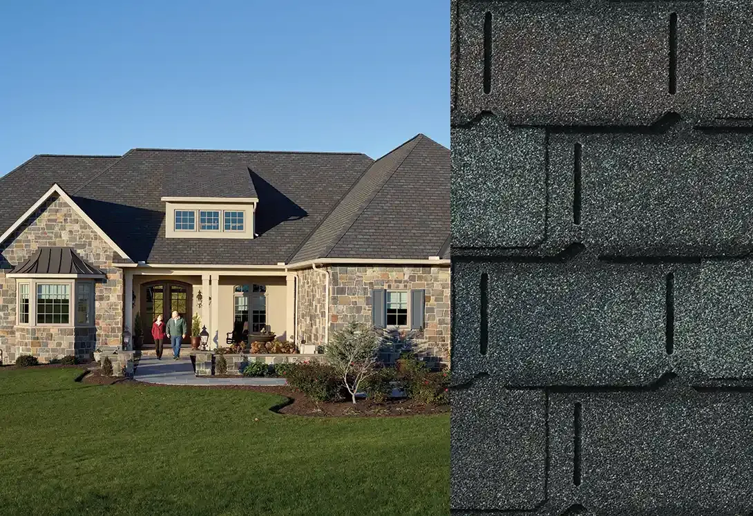 Camelot II shingles in Royal Slate, on a house and up close