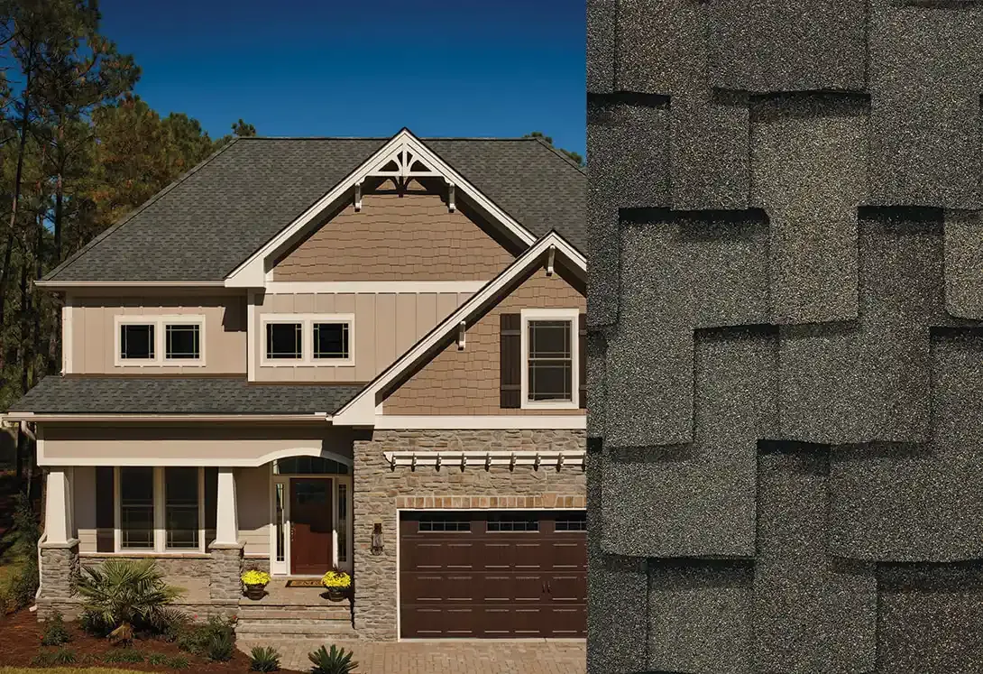Grand Sequoia RS shingles in Sagewood, on a house and up close