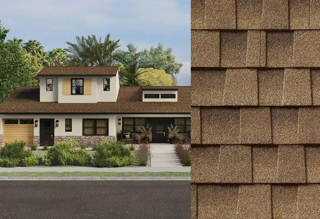 Timberline HDZ RS shingles in Sandalwood, on a house and up close